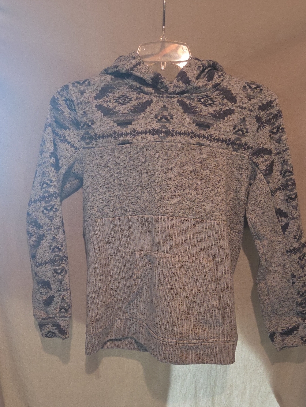 Kids Pullover Hoodie with Patterned Yoke in Heather Gray